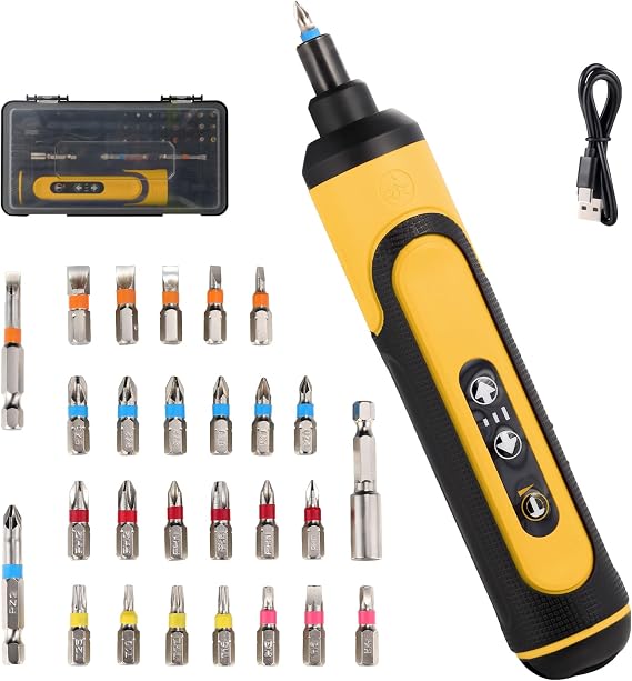 Electric Screwdriver Rechargeable, 4V Cordless Screwdriver,With 3 Gear Torque Adjustment and 26 Bits, Extension Rod, USB Charging Cable in Carrying Case, Suitable for Furniture or Appliance Repair