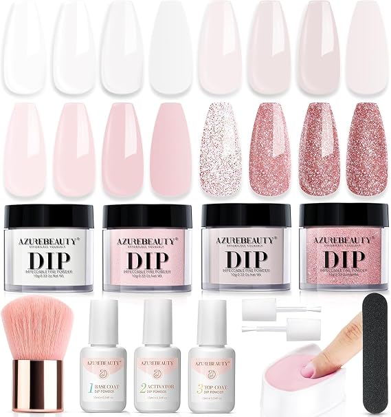 AZUREBEAUTY Glitter Soft Pink French Dip Powder Nail Kit | with Base Coat, Top Coat and Activator Liquid, Suitable for All Seasons, Ideal for DIY Manicure and Salon Use