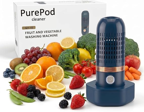 Pure Pod Vegetable Cleaner - Wireless Rechargeable Fruit and Produce Washing Machine Device with OH-ion Purification Technology, IPX7 Waterproof Food Washer for Veggies, Rice & Grains (Blue)