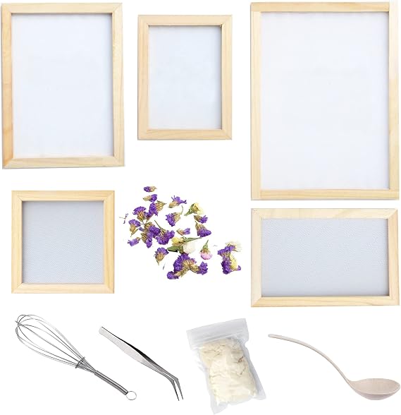 Cayway 11 Pack Paper Making Screen Kit Include 5 PCS Wooden Paper Making Mold Frame, Dried Flowers, Replace Mesh Cloth, Spoon Stirrer and Tweezers for DIY Dried Flowers Paper Craft