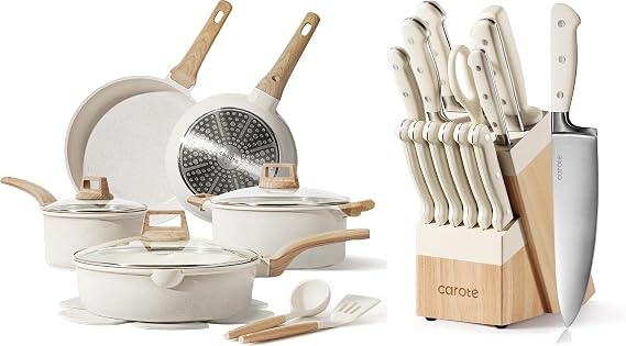 CAROTE 14 Pcs Pots and Pans Set & 14 Pieces Knife Set with Block