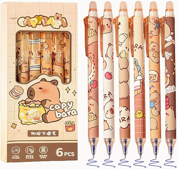 6Pcs Cute Erasable Gel Pens, 0.5mm Blue Ink Fine Point Pens, Retractable Quick Dry Smooth Writing Pens for Journaling, Drawing, Doodling, Note Taking(Capybara