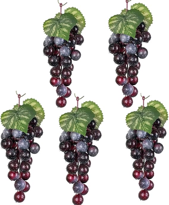 5bunches Purple Rubber Grapes Artificial Grape Fake Grapes Lifelike Artificial Fruits for Party Pub Cabinet Ornament Home Garden Wedding Decoration (24grains 6.5 Inches Long
