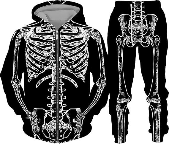 Hicawetp Men's 2 Pieces Tracksuit Set Novelty Skeleton Print Zip Up Hoodie Sweatpants Set For Men Women Jogging Sweat Suits