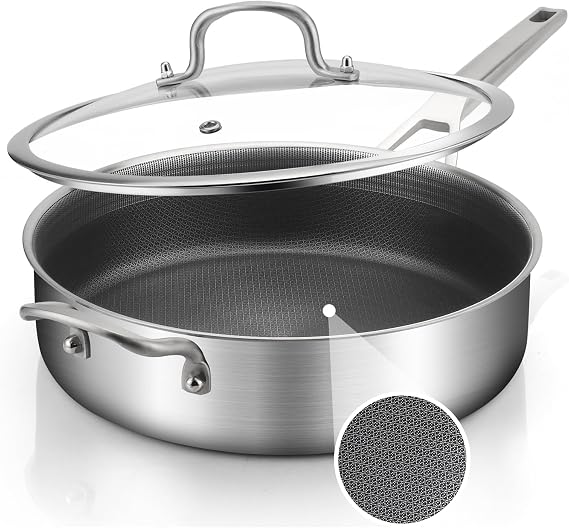 Saute Pan with Lid 5-Quarts,12.5 Inch 18/10 Tri-Ply Nonsitck Large Frying Pan, Up to 600F Full Clad Stainless Steel 3 Layer Deep Frying Pan with Stay Cool Handle, Dishwasher and Metal Utensil Safe