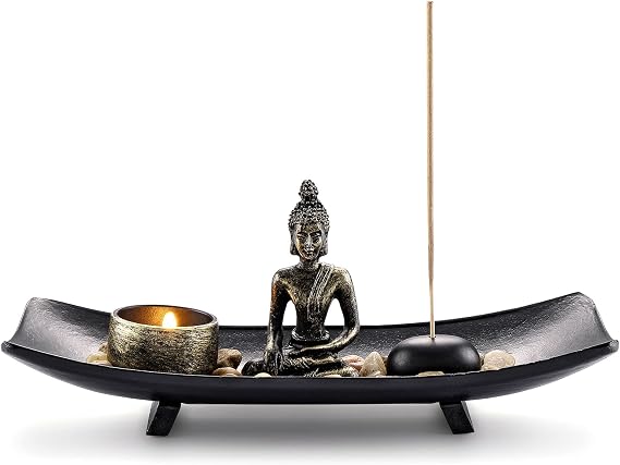 Jovivi Zen Garden Set Buddha Statue w/Tealight Candle Holder, Rocks & Incense Burner Holder & Wood Tray for Yoga Meditation Home Table Decor Gift