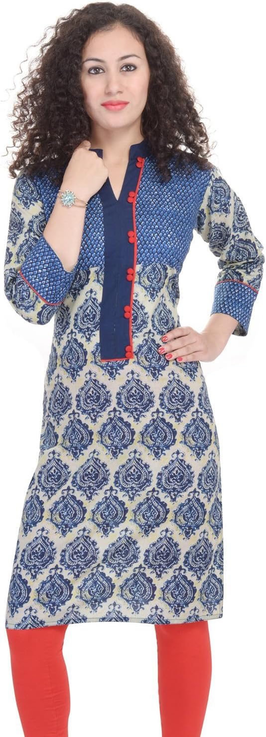 Chichi Indian Women's Printed Cotton Anarkali Kurti Multi-Colored Top