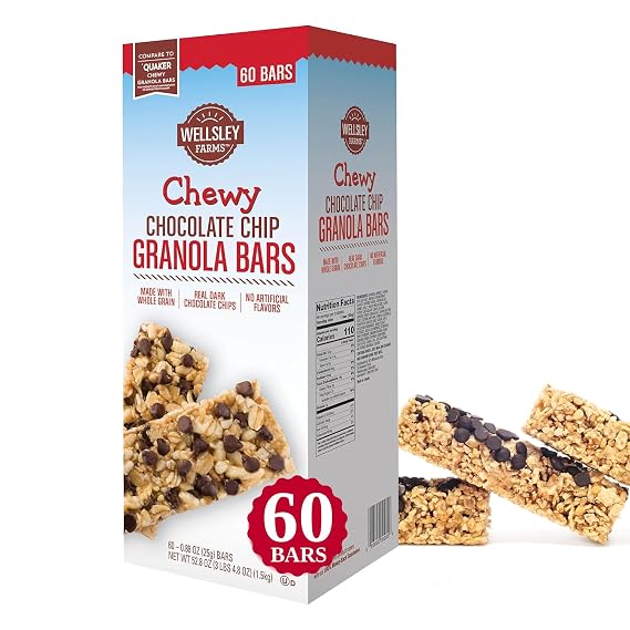 Wellsley Farms Chewy Chocolate Chip Granola Bars - No High-Fructose Corn Syrup - Vegetarian - Whole Grain Granola Bars - 110 Calories Per Bar - Perfect for Snacks & Lunchboxes, 60 Count (Pack of 1)