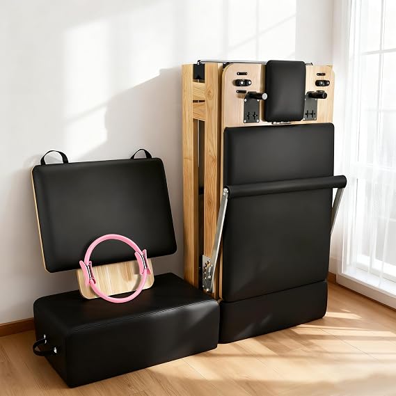 Pilates Reformer, 95" Wooden Foldable Pilates Reformer Machine with Springs, Pilates Machines for Home, Gym and Studio, Oak Wood Pilates Equipment with Sitting Box and Accessories