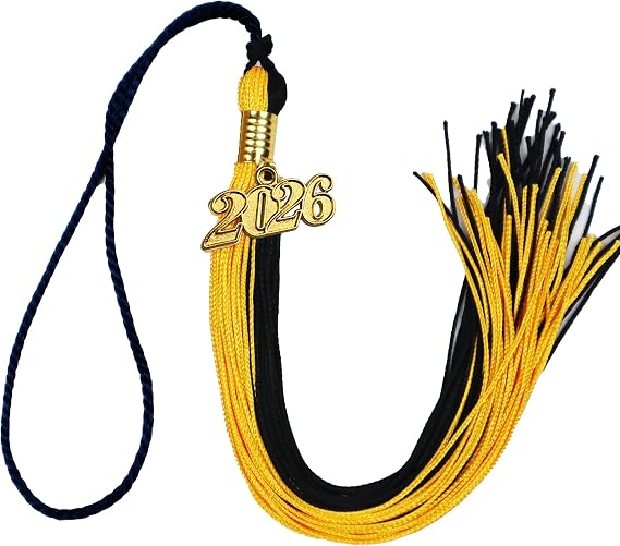 Graduation Cap Tassel with 2026 Gold Year Charm, 9 Inch Long (Black-Gold)