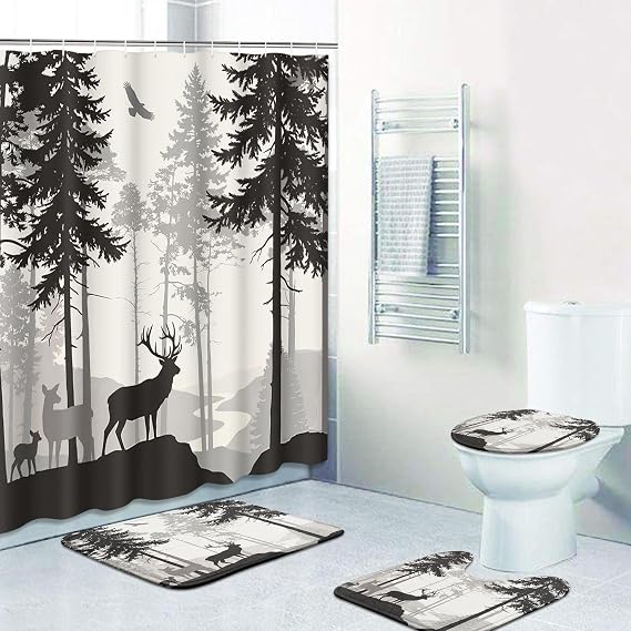 Britimes Bathroom Sets with Shower Curtain and Rugs, Set of 4, Pine Deer