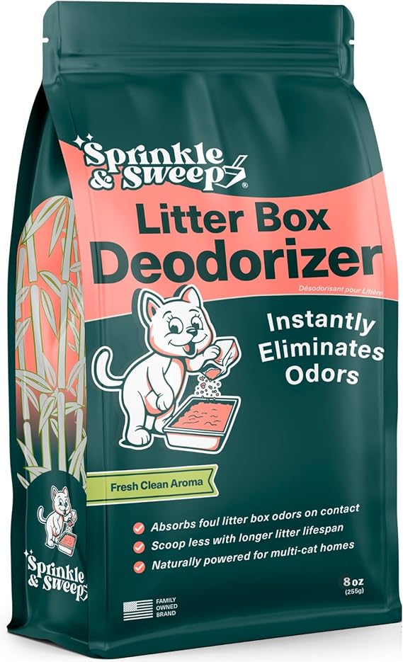 Sprinkle & Sweep Litter Box Deodorizer - Non Toxic and Safe for Kittens - Instantly Eliminates Foul Odors, One Month Supply (8oz)