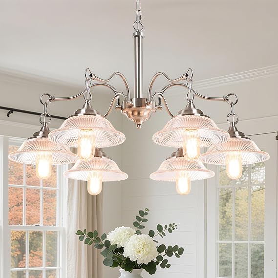 6-Light Brushed Nickel Chandelier with UFO Striped Glass Shades Modern Hanging Dining Room Chandeliers Classic Pendant Lighting for Living Room Foyer Kitchen Island Bedroom