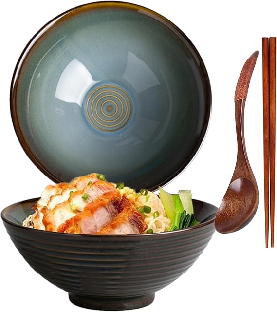 Ceramic Ramen Bowl, Ramen Bowl Set, Japanese Ramen Bowl with Spoon & Chopsticks, 1200 ml Soup Bowls, SaladBowl (Style B)