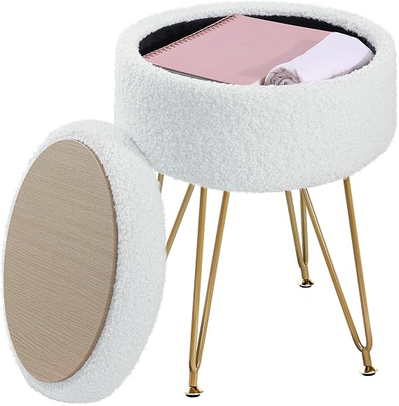 ABHENG Storage Ottoman Round Footrest Stool, Vanity Stool Chair Faux Teddy Fur with Storage, Modern Multifunctional Chairs, Cream White UASND51W