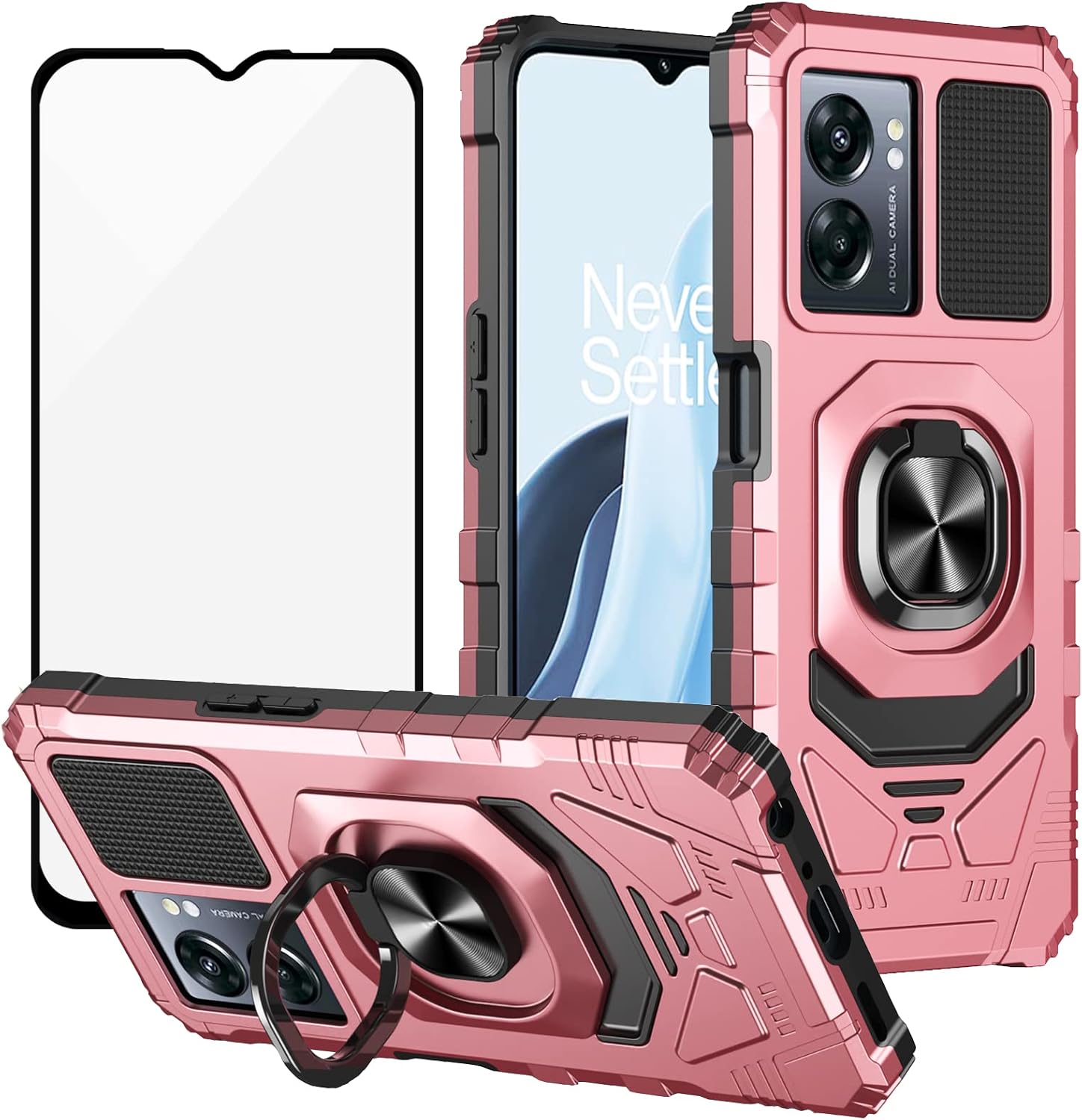Ailiber for One Plus Nord N300 5G Phone Case, Oppo A77 5G Case with Screen Protector, Ring Kickstand for Magnetic Car Mount, Heavy Duty Shockproof Protective Phone Cover for 1 Nord N300 5G-Rose Gold