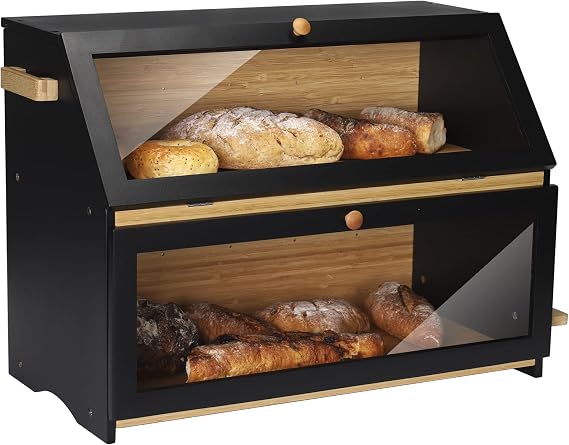 Large Bamboo Bread Bin 2 Tier Breadbox Kitchen 19.7"x9.8"x14.5" Black | Leader Accessories double decker Bread Holder with Front Opening and Clear Window for Kitchen Countertop Storage