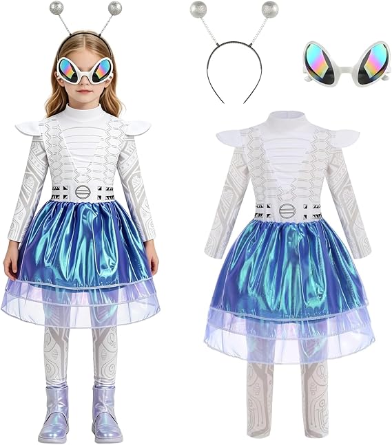 Kids Alien Costume Girls Cosmic Galaxy Outfits Children Robot Outfit 4PCS Set with Alien Glasses Halloween Cosplay