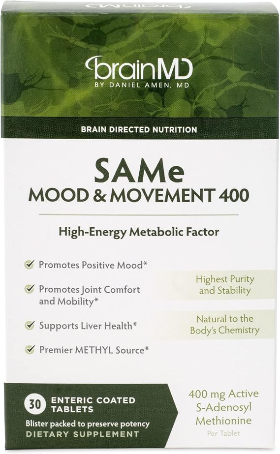 BRAINMD Dr Amen SAMe Mood & Movement 400 - 30 Tablets - Promotes Emotional Balance, Liver Health, Joint Comfort & Mobility - Gluten Free - 30 Servings