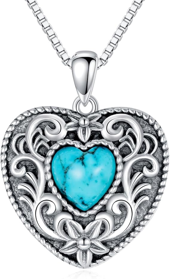 Real Heart Necklace Turquoise Sterling Silver Native Western Flower Jewelry December Birthstone Birthday Gift for Women Sterling Silver Turquoise Sterling Silver Turquoise Turquoise Sterling