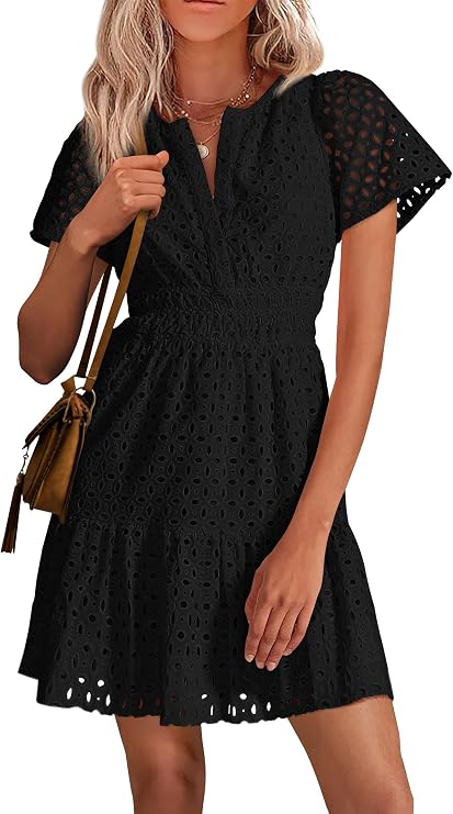 PRETTYGARDEN Women's Summer Eyelet Lace Short Dresses | Embroidered Hollow Out, Short Sleeve V Neck, Ruffle A Line, Cute Casual Trendy, Party Wedding Guest, Beach Vacation Clothes