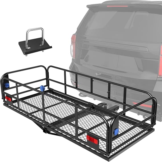 KUIPERAUTO 60" x 24" x 14" Folding Rack Hitch Mount Cargo Carrier 500 Lbs, 2" Hitch Receiver, Button Lock Luggage Basket Heavy Duty Hitch Rear Trailer Cargo Rack Compatible for SUV Truck Pickup