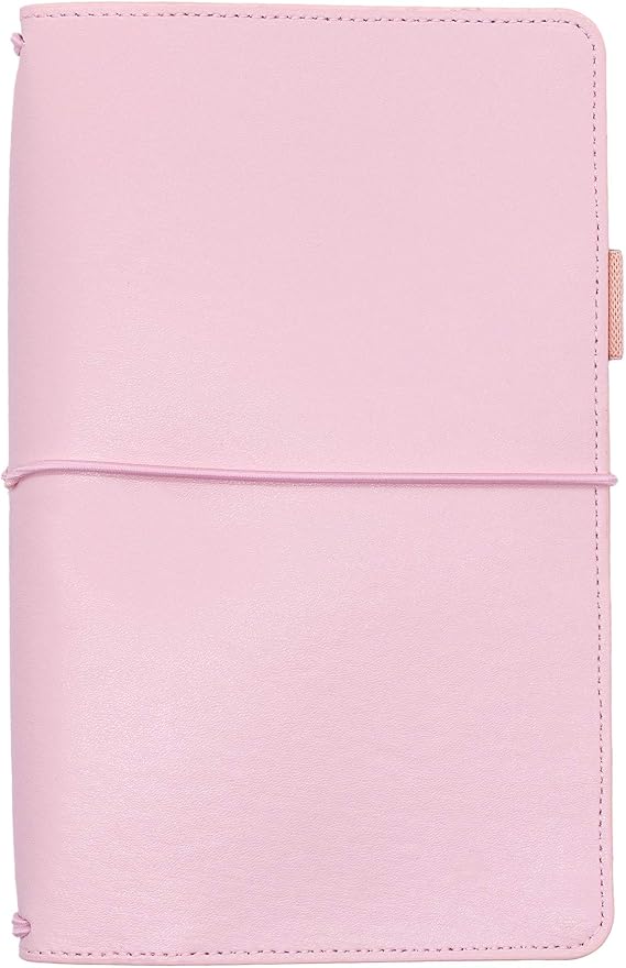 Pukka Pad, Carpe Diem Refillable Travelers Notebook Cover Faux Leather Portfolio with Blank and Lined Notepads Includes 6 Pockets, Pen Loop, and Elastic Closure 8.5 x 5.5 Inches, Ballerina Pink
