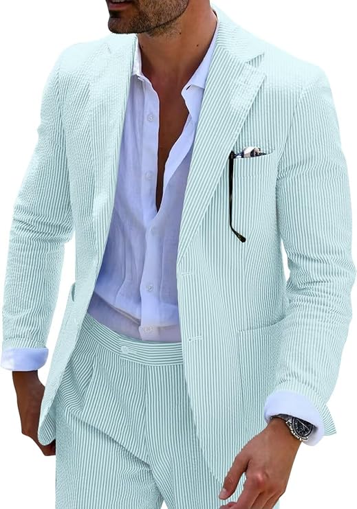Mens Summer Seersucker Suits Grooms 2 Piece Striped Suit for Men