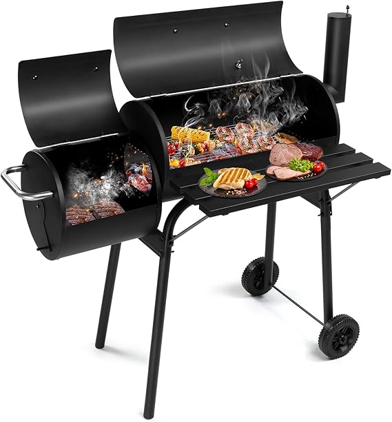 Barrel Charcoal Grill with Offset Smoker, Barrel BBQ, All Metal Outdoor Smoker with Side Table and Wheels for Outdoor Garden Patio and Backyard Cooking