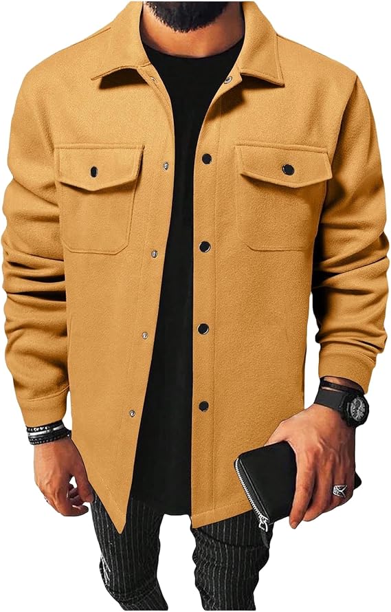 Men's Shacket Jacket Lightweight Long Sleeve Button Down Coat Flannel Overshirt Outdoor Jackets with Pocket