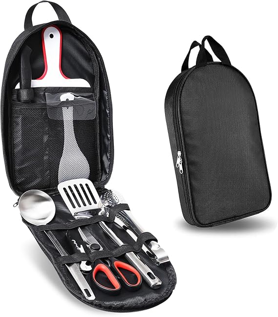 9 Pcs Camping Utensils Set, Camp Cooking Kit, Outdoor Kitchen Utensil Organizer with Scissors, Food Tongs, Rice Spoons, Cutting Boards, Soup Spoons, Multi-functional Bottle Opener