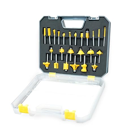 24 Pcs Router Bit Set, Router Bits Set 1/4 Inch Shank for Beginners Woodworking, Include Straight, Dovetail, Chamfer, Cove, Flush Trim, Round Over,with Plastic Box