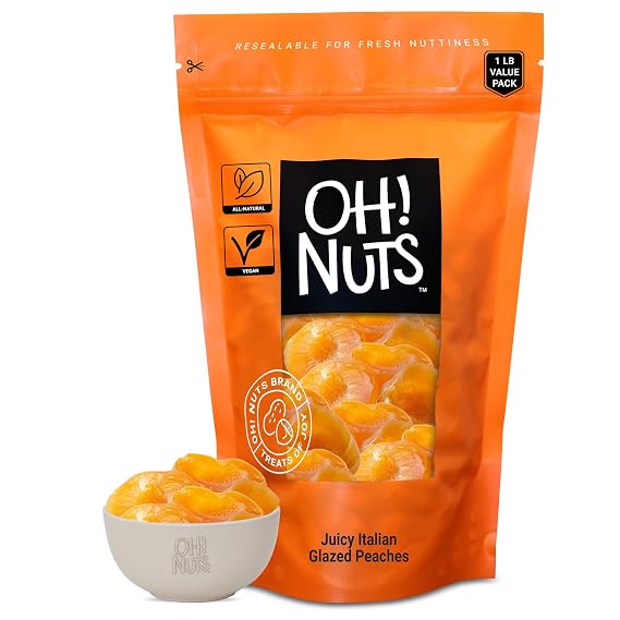 Oh! Nuts Italian Glazed Peaches - 1 lb - Dried Fruit Halves - Dehydrated Sweetened Crystallized Peach Candy Fruit Bites - Packed in New York Zip-Seal Bag for Exceptional Freshness