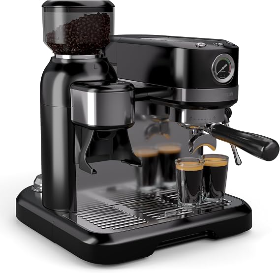 Klarstein Bella Café Portafilter Machine with Grinder - 19 Bar 1550 W 1.4 L Water Tank Integrated Cone Grinder Milk Frother 2 Cup Inserts Thermal Block Black