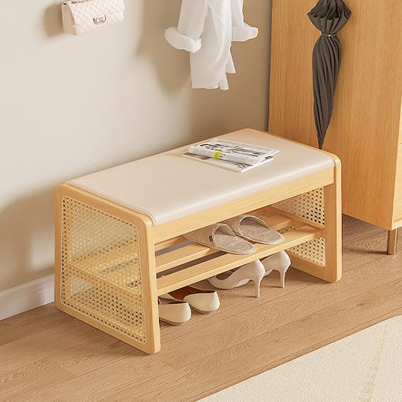 Shoe Bench for Entryway,Shoes Storage Bench with Cushion,Solid Wood 2-Tier Shoe Rack with Rattan Side Rack,Open Shelves Shoe Rack for Hallway Bedroom Mudroom,Natural,80x35cm