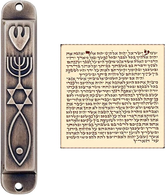 TALISMAN4U Pewter Messianic Mezuzah Case with Scroll for Door 3D Menorah Messianic Seal 10 cm / 4 Inch