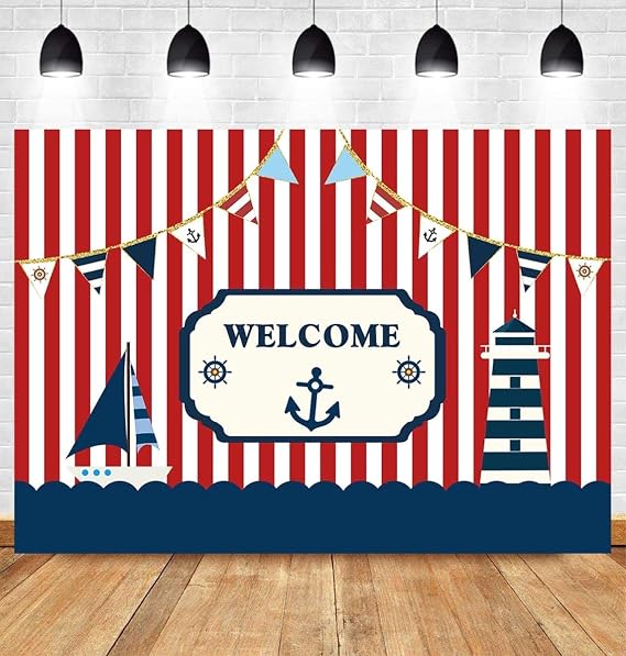 7x5ft Nautical Theme Party Photography Backdrop Red White Striped Marine Voyage Boat Background Decoration Kids Boy Birthday Party Navigation Lighthouse Banner Supplies Photobooth Props Decor