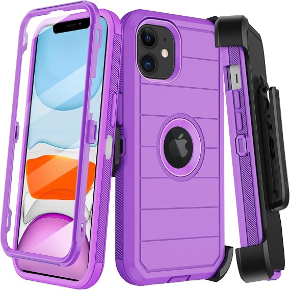 KECAI iPhone 11用ケース、ベルトクリップホルスター付き、内蔵スクリーンプロテクター、高耐久 耐衝撃 落下保護 ミリタリーグレード 丈夫な電話カバー キックスタンド付き Apple iPhone 11 6.1インチ用 パープル