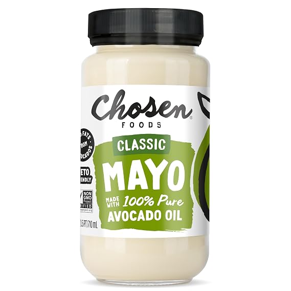 Chosen Foods Classic Mayo, 24 Fl Oz - 100% Pure Avocado Oil-Based Mayonnaise - Non-GMO, Gluten-Free, Keto Friendly - 710 mL Glass Jar (Pack Of 1)