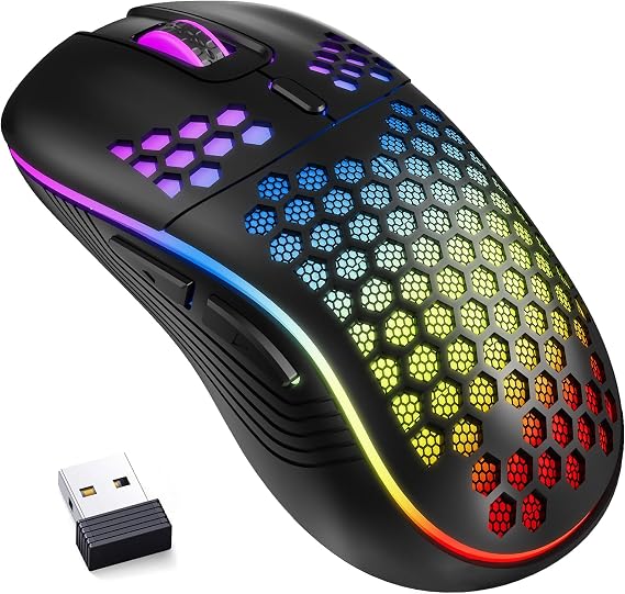 MELOGAGA Wireless Gaming Mouse RGB Rechargeable Lightweight Honeycomb Black | 7-Color LED Light, 4 DPI Levels, USB-C Recharge & Stable 2.4G Wireless for PC Mac Laptop Desktop Computers