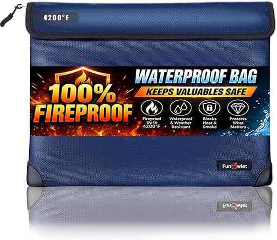 Fireproof Waterproof Money Document Bag, 13.9"x10.6", Blue