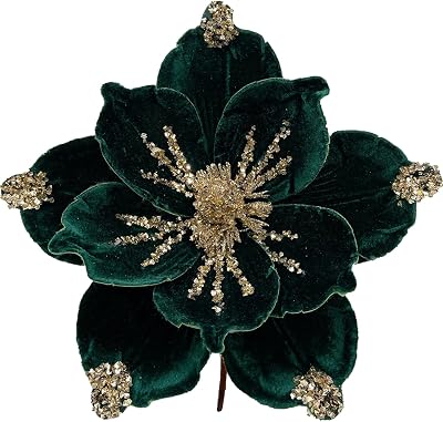 GL-Turelifes 6 Pcs 10’’ Bigger Glitter Christmas Flower Artificial Magnolia Flowers Velvet Fold Christmas Tree Flowers Decorations Xmas Tree New Year Party Festival Wedding Ornaments Dark Green