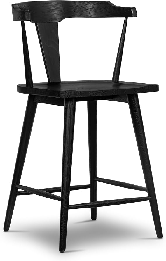 Poly & BARK Enzo Counter Stool Modern Upholstered Counter Height Bar Stool with Curved Backrest, Padded Seat, Premium Upholstery, Solid Wood Legs, and Kitchen Island Seating - Black