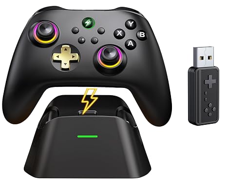 HELLCOOL PC Controller mit Ladestation – 24 GHz Wireless PC Gamepad mit Hall-Effekt Joysticks&Trigger Kein Stick-Drift 1000Hz Polling Rate Ergonomisch kompatibel mit Windows PC/Switch/Android/iOS
