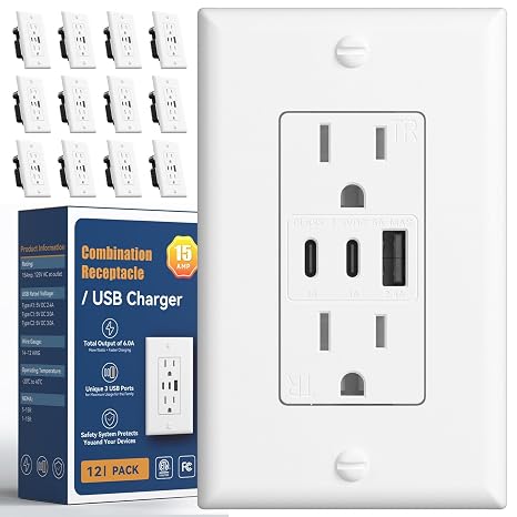Amico 6.0A USB Outlet 12 Pack, 3-Port, 2 Type C & 1 Type A, 15 Amp, White | ETL listed, Max 30W, tamper resistant(TR), wall plate included, 3-port fast charging for home or office