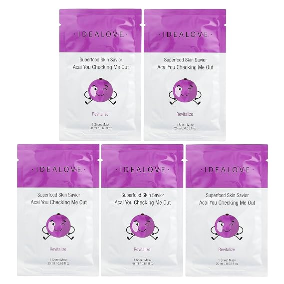 Idealove Superfood Skin Savior, Acai You Checking Me Out, 5 Beauty Sheet Masks, 0.68 fl oz (20 ml) Each