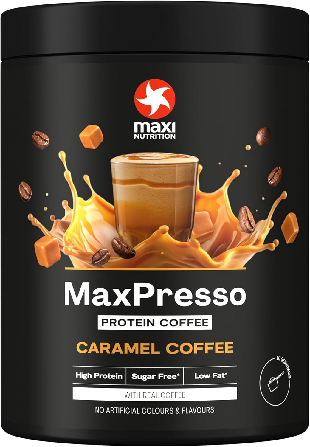 MaxiNutrition MaxPresso Caramel, Protein Coffee, Whey Protein Powder, 21 g Protein per Serving, Sugar-Free & Low-Fat, Mix Warm or Cold