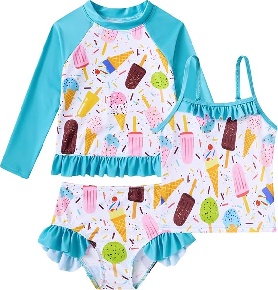 BFUSTYLE Girls Swimsuit 3 Pieces Rash Guard Kids Long Sleeves Bathing Suit 3-8 Years Sun Proction Swimwear Tankini