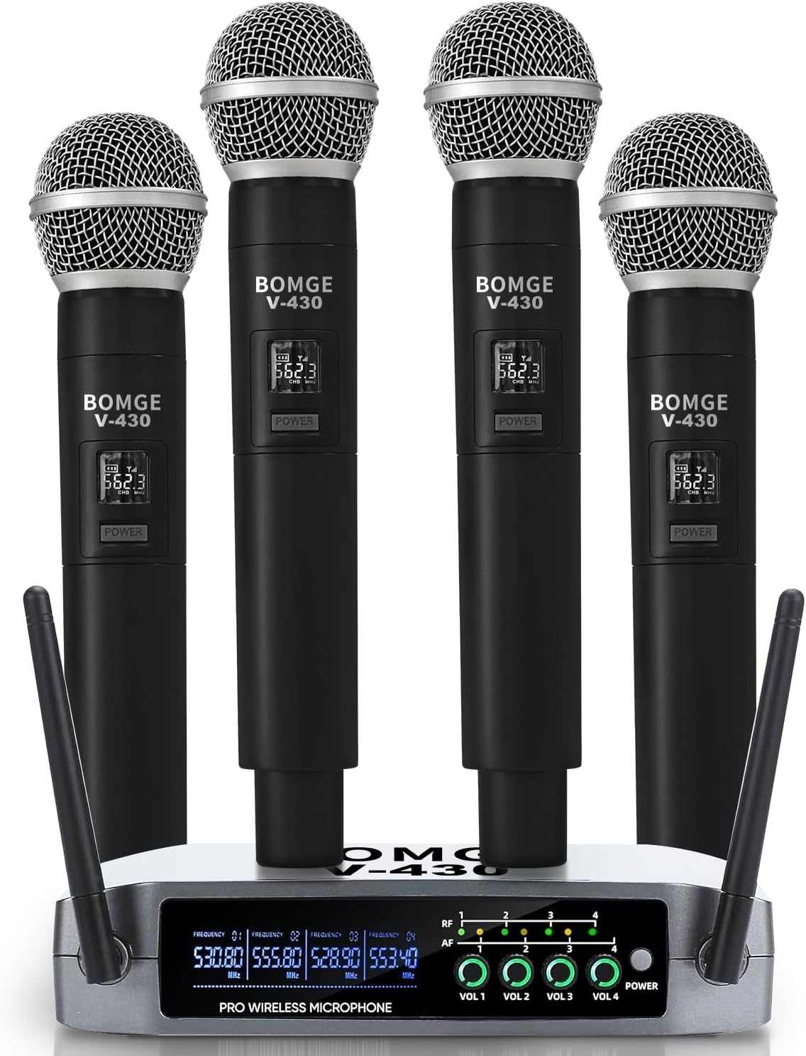 BOMGE V430 4 Channel Wireless Microphone System with Four Handheld Microphones Fixed Frequency Long Range 200 Feet Ideal for Church Karaoke Events