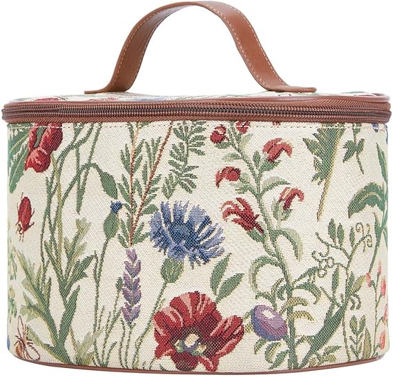 Signare Tapestry Toiletry Bag Makeup Organizer bag for Women with Sunflower Poppy Butterfly Dragonfly Morning Garden Design (TOIL-MGD)